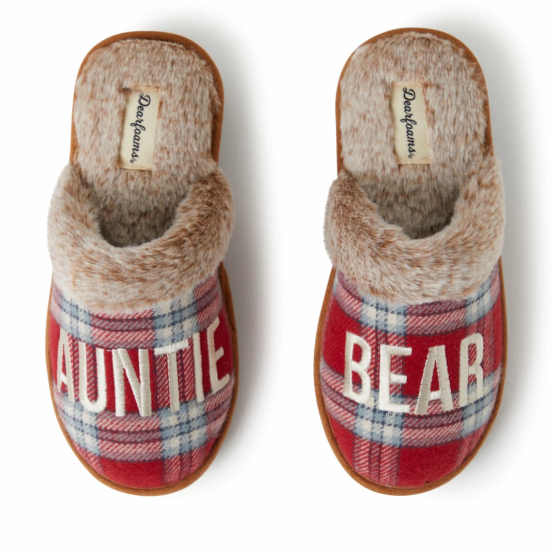 Brand new βοΈ Dearfoams π© Women's Auntie Bear Red Plaid Scuff Slippers π―